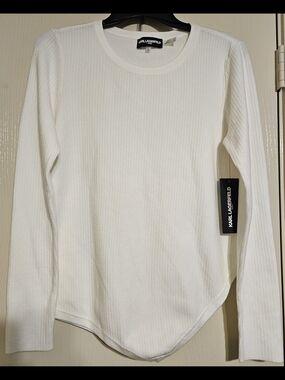 Karl Lagerfeld Women's White Ribbed Long-Sleeve Top